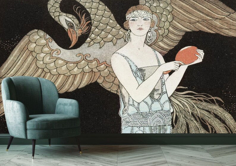 Art Deco Woman and Phoenix Wallpaper Mural Art Print