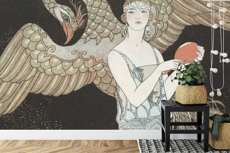 Art Deco Woman and Phoenix Wallpaper Mural Art Print