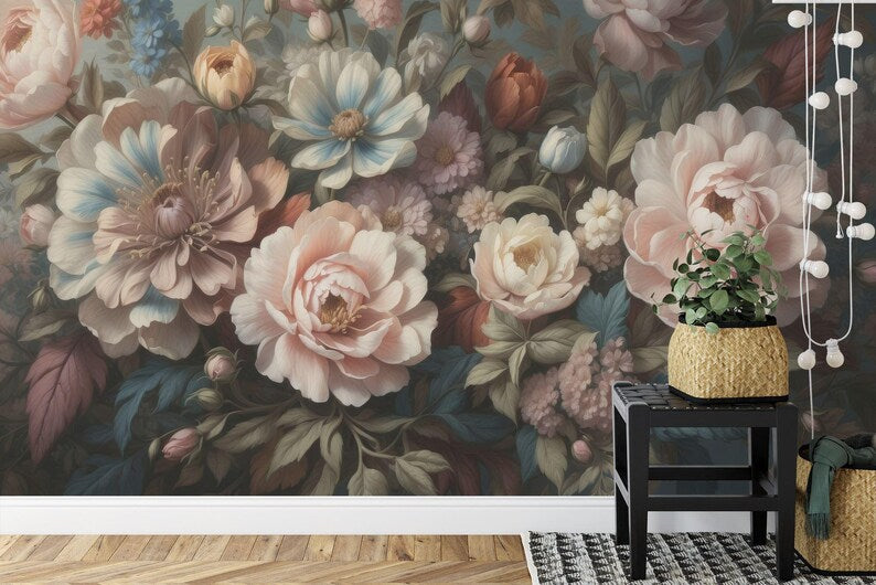 Baroque Peonies Wallpaper Mural, Rich Colors
