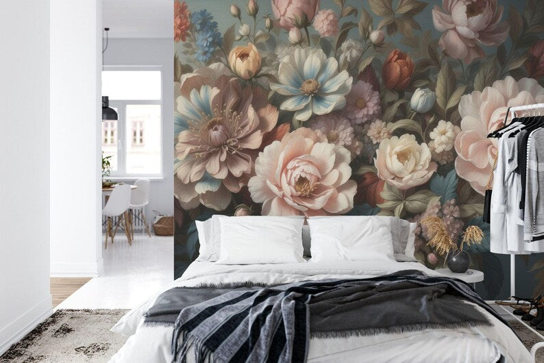 Baroque Peonies Wallpaper Mural, Rich Colors