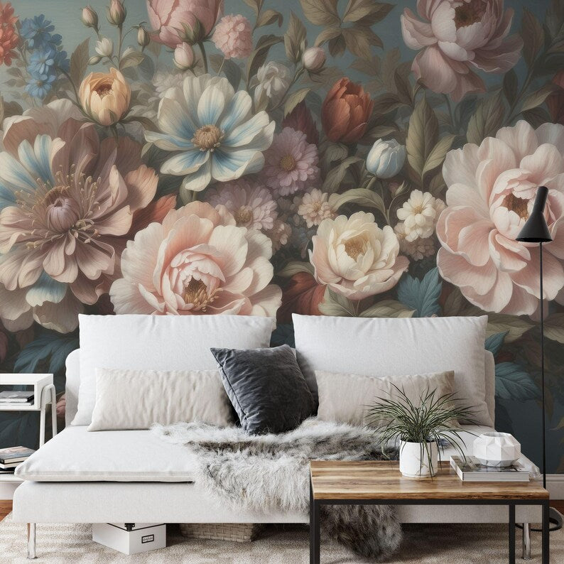 Baroque Peonies Wallpaper Mural, Rich Colors