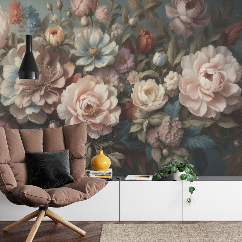 Baroque Peonies Wallpaper Mural, Rich Colors