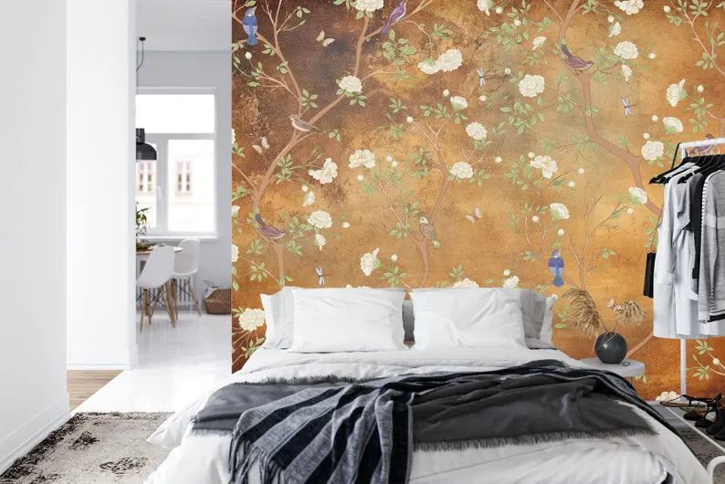Vintage Chinoiserie Floral Bird Wallpaper Mural