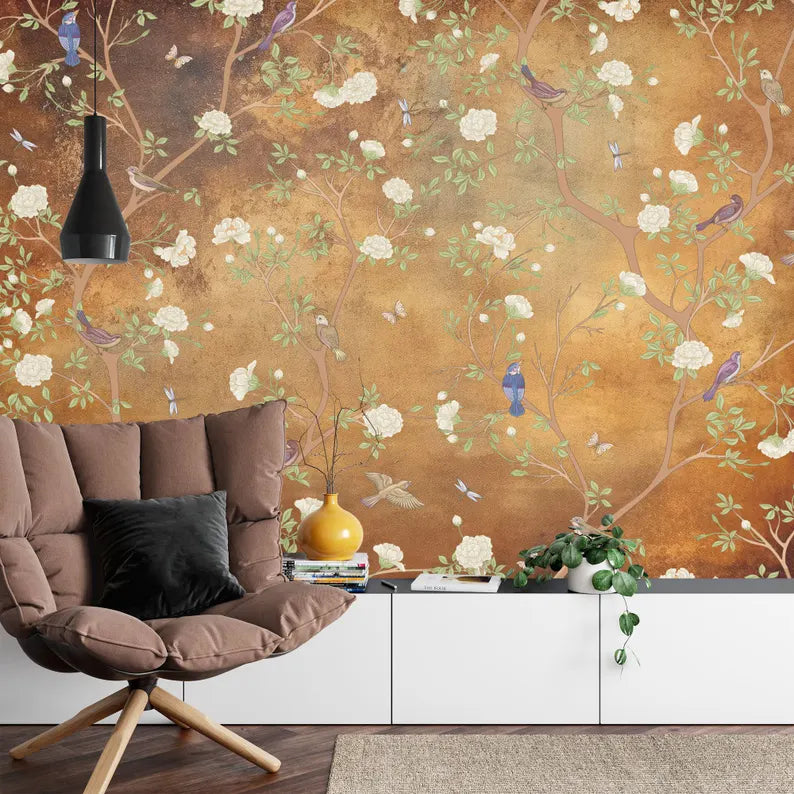 Vintage Chinoiserie Floral Bird Wallpaper Mural