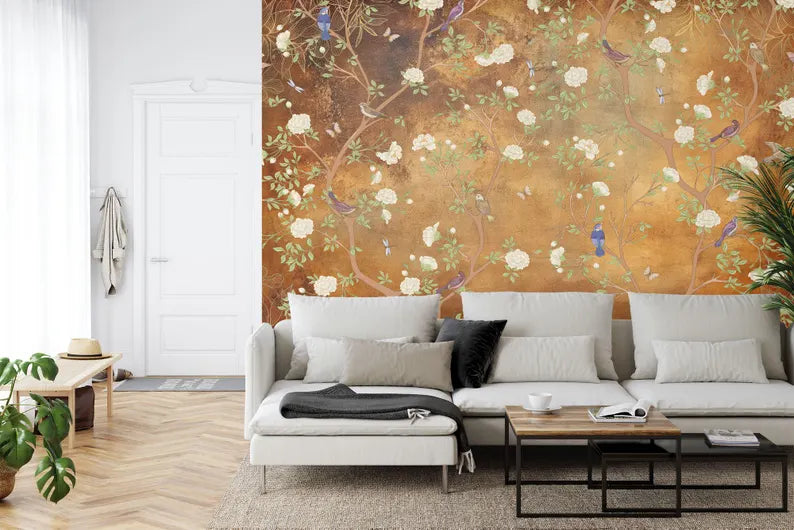 Vintage Chinoiserie Floral Wallpaper Mural - Birds & Flowers