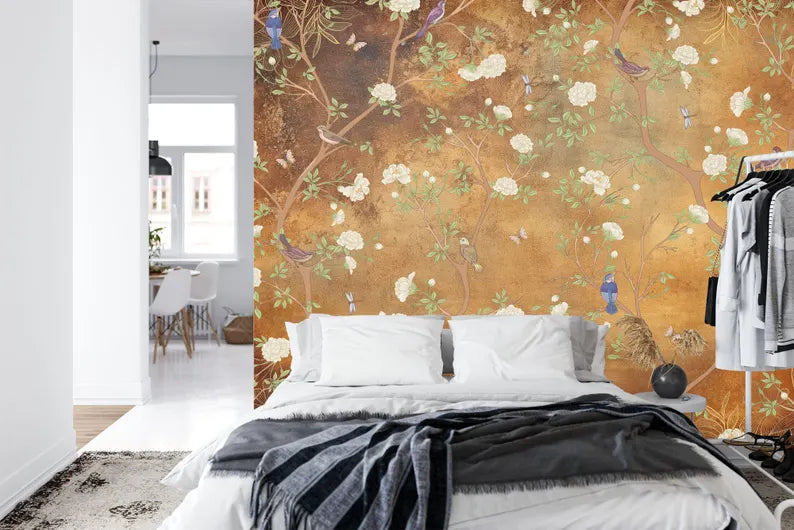 Vintage Chinoiserie Floral Wallpaper Mural - Birds & Flowers
