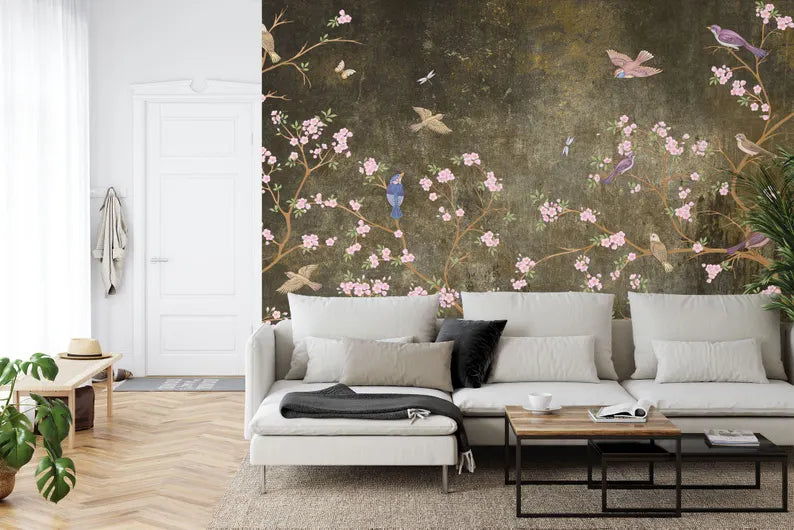Chinoiserie Wallpaper Flowers Birds Mural - Vintage Style