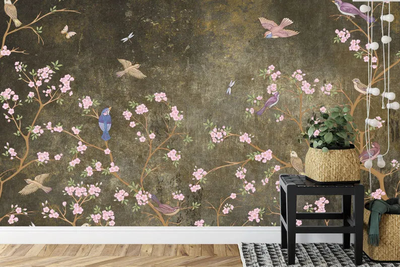 Chinoiserie Wallpaper Flowers Birds Mural - Vintage Style