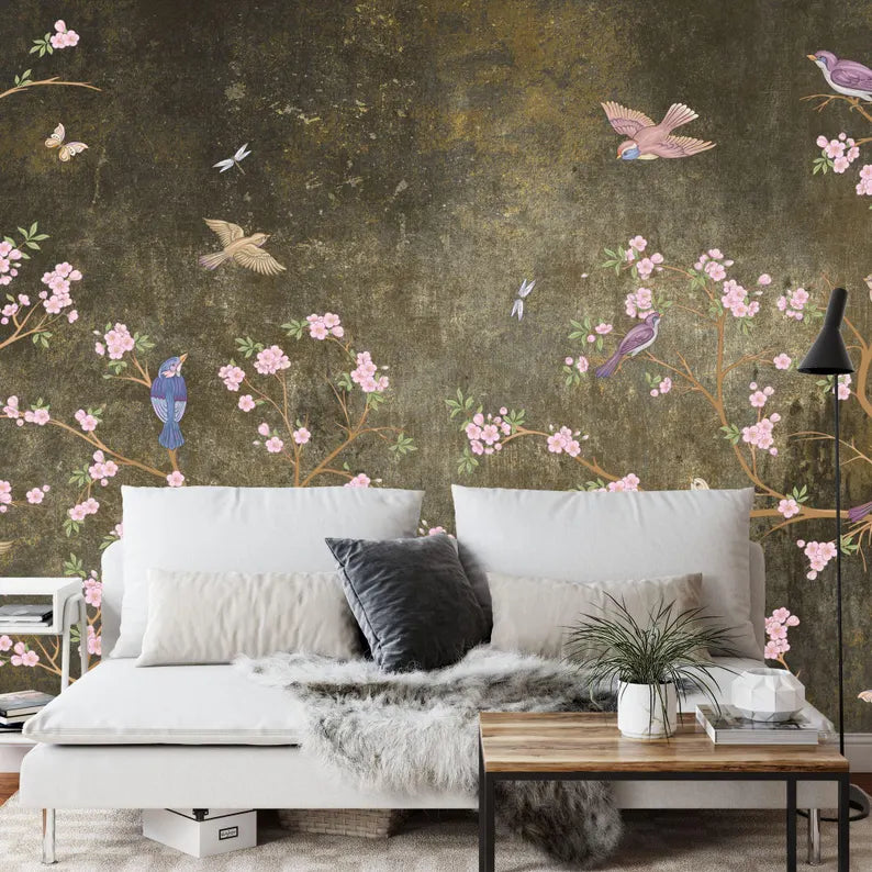 Chinoiserie Wallpaper Flowers Birds Mural - Vintage Style