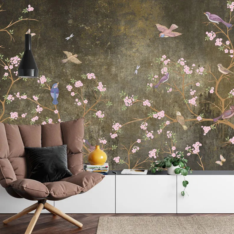 Chinoiserie Wallpaper Flowers Birds Mural - Vintage Style