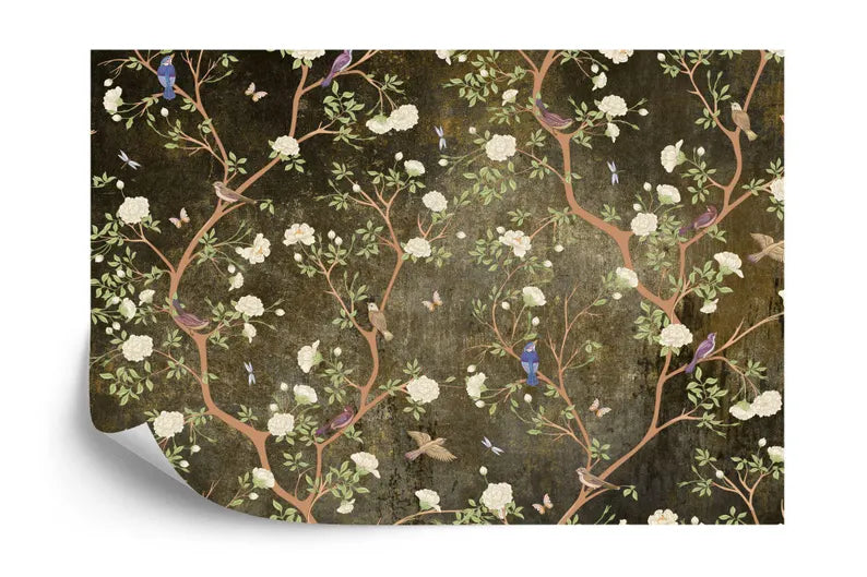 Chinoiserie wallpaper design with oriental birds and blossoms in vintage aesthetic
