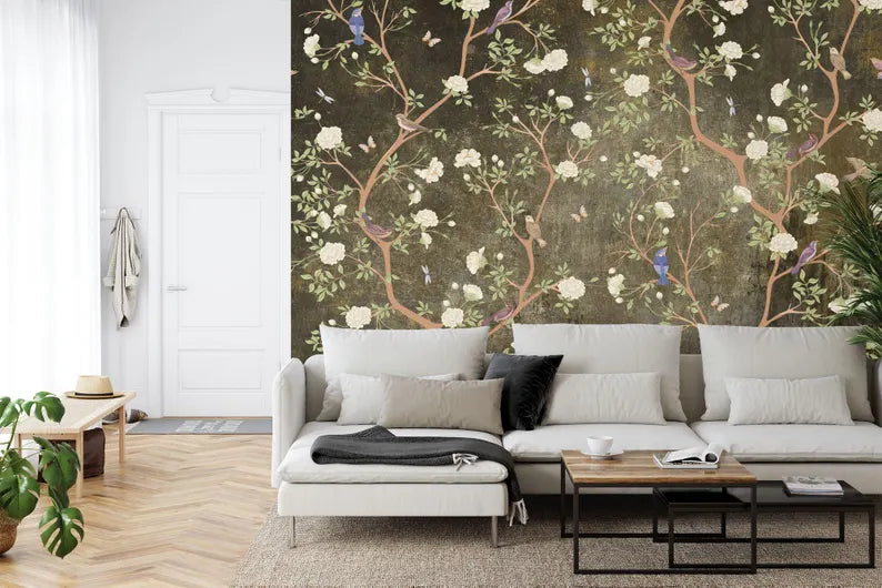 Close-up detail of hand-painted style birds and floral branches in chinoiserie design