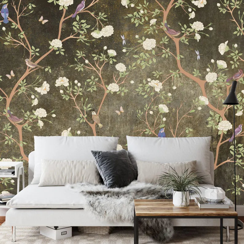 Full wall view of chinoiserie wallpaper mural with birds and botanical elements