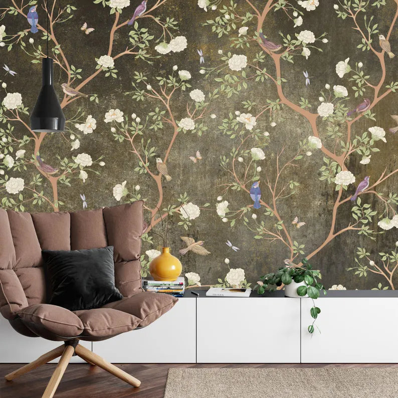 Detailed section of chinoiserie wallpaper showing intricate bird and flower artwork