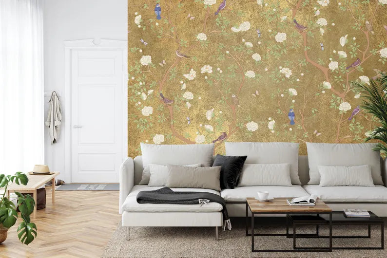 Chinoiserie Wallpaper Mural: Vintage Flowers, Birds