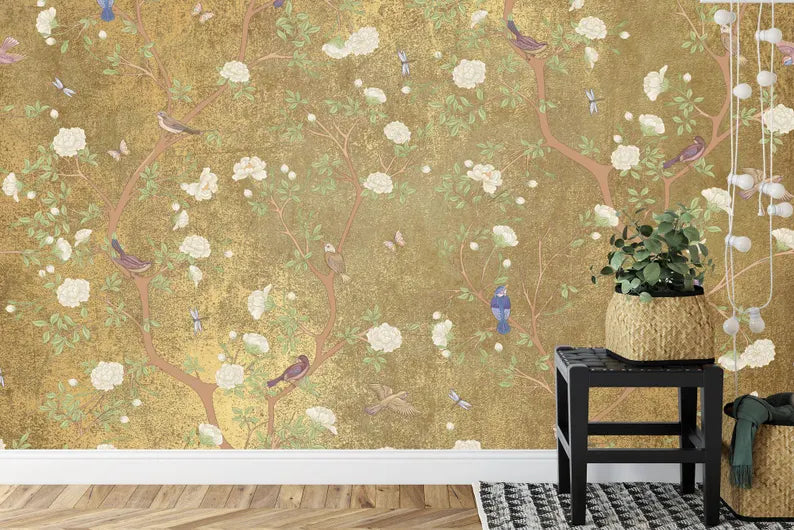 Chinoiserie Wallpaper Mural: Vintage Flowers, Birds