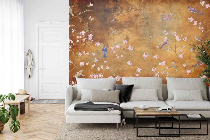 Chinoiserie Wallpaper Flowers Birds Mural - Vintage Style