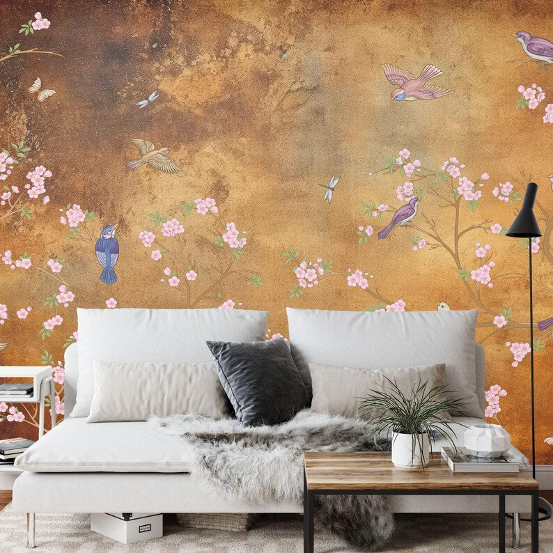 Chinoiserie Wallpaper Flowers Birds Mural - Vintage Style