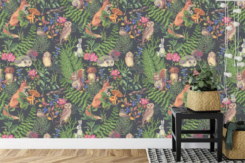 Floral Forest Wallpaper Mural, Art Deco Gift