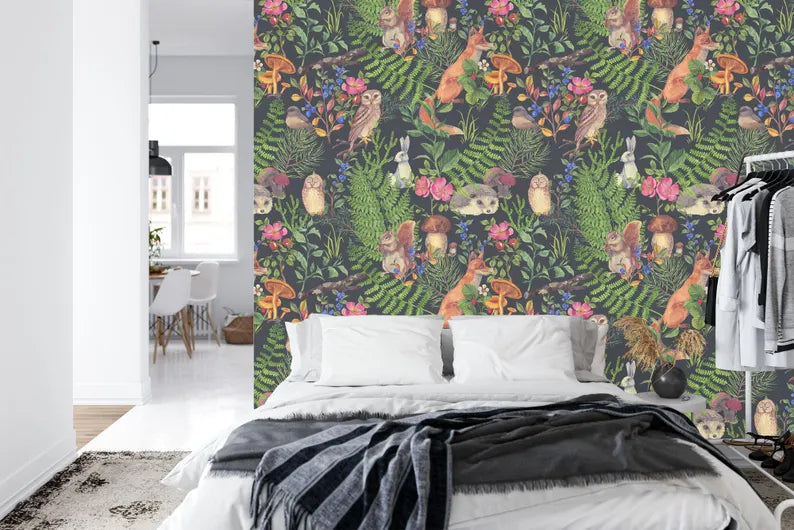 Floral Forest Wallpaper Mural, Art Deco Gift