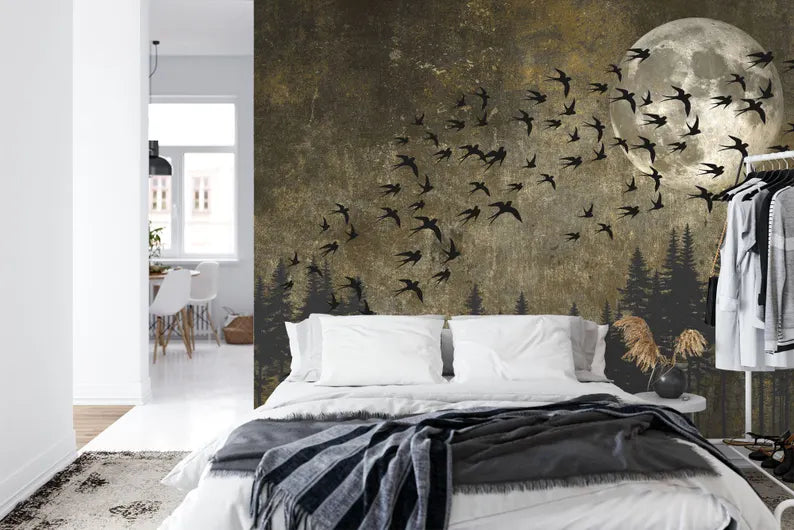 Japanese Moon Forest Birds Wallpaper Mural
