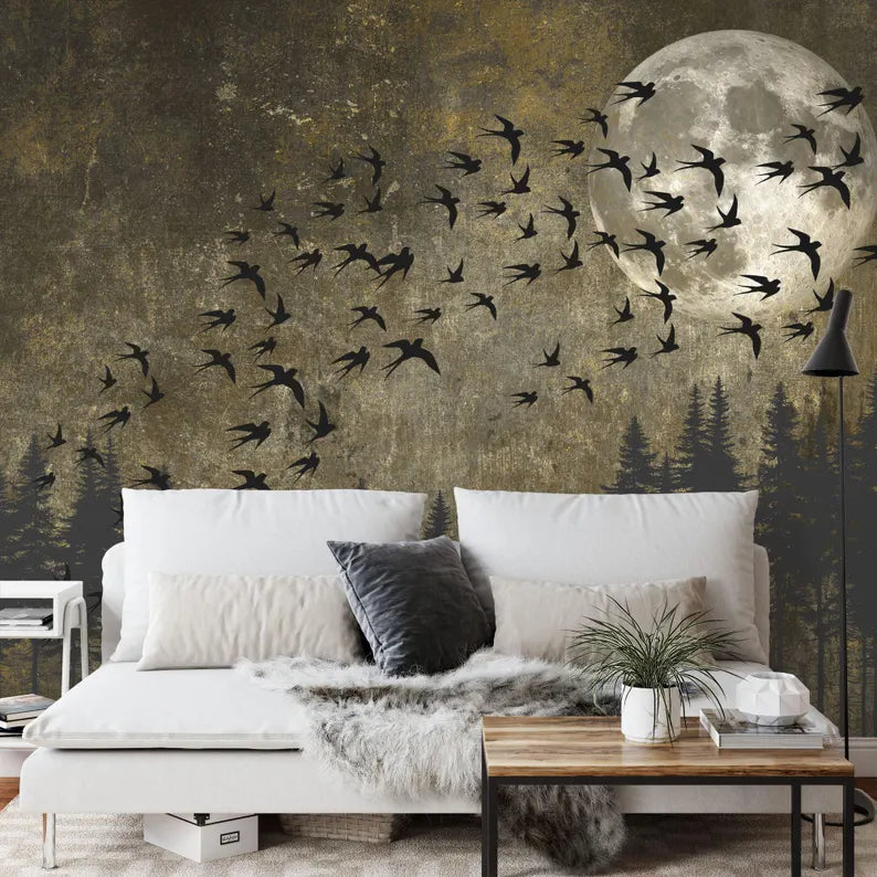 Japanese Moon Forest Birds Wallpaper Mural