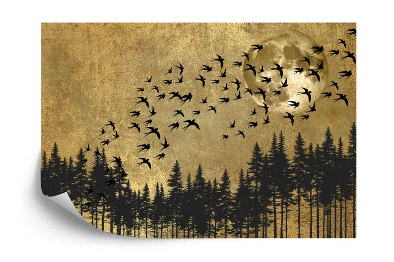 Japanese Moon Forest Birds Art Print Wallpaper Mural