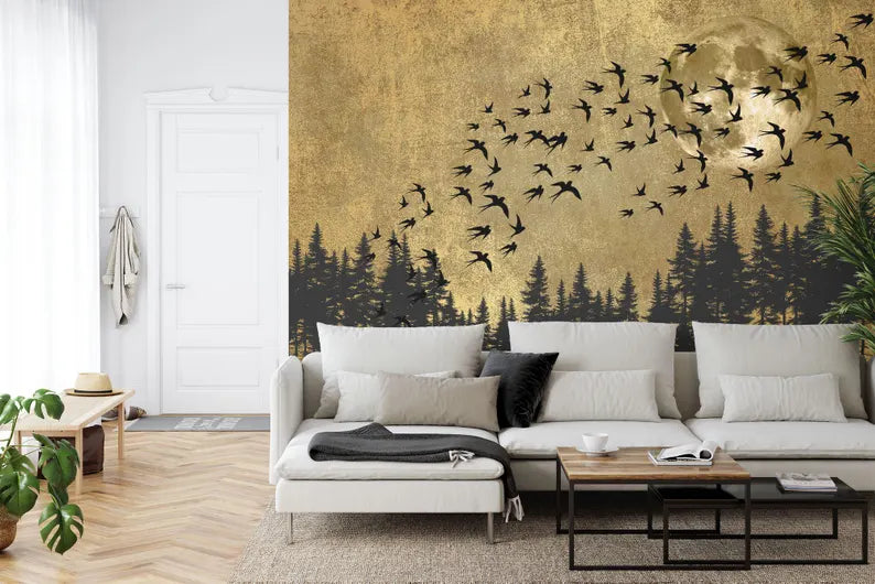 Japanese Moon Forest Birds Art Print Wallpaper Mural