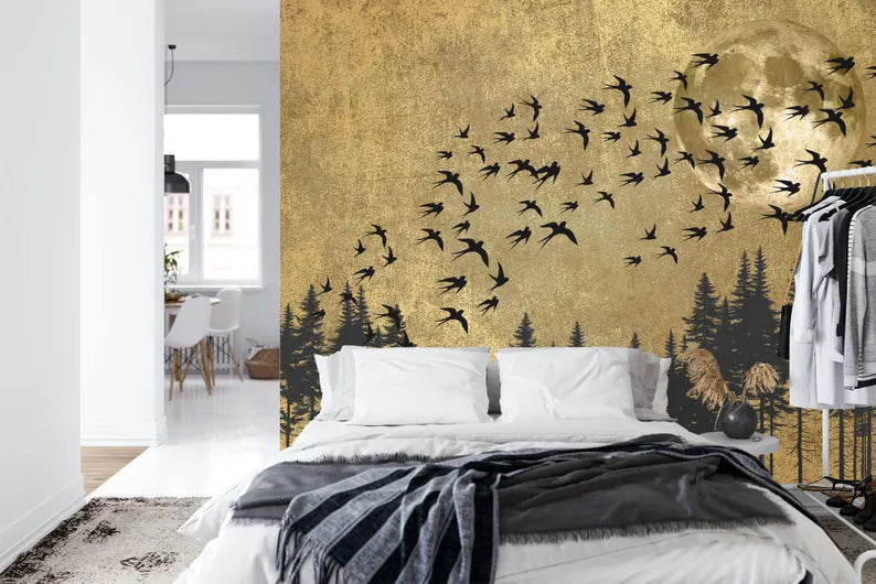 Japanese Moon Forest Birds Art Print Wallpaper Mural