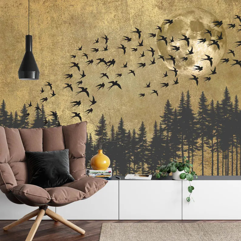 Japanese Moon Forest Birds Art Print Wallpaper Mural