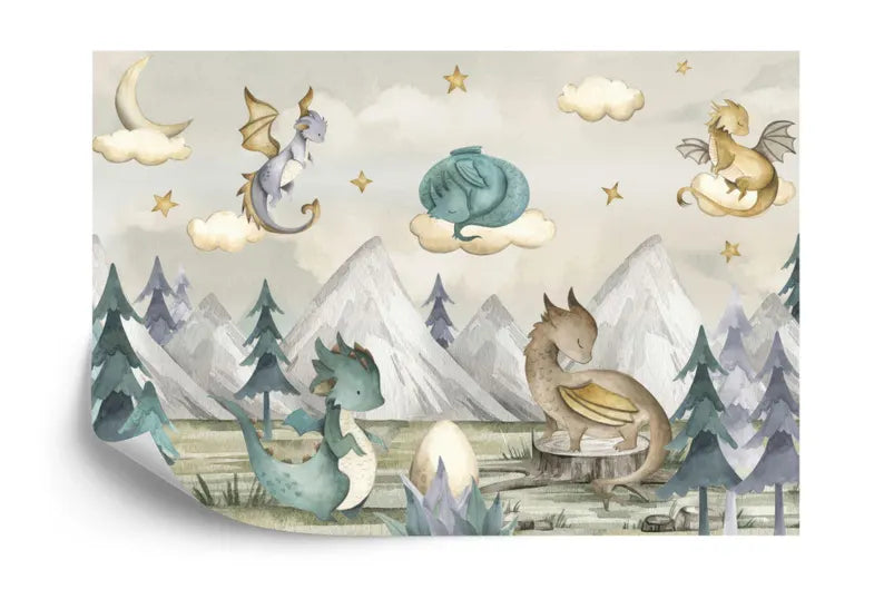 Watercolor Dragons Wallpaper Mural, Kids Nursery Decor