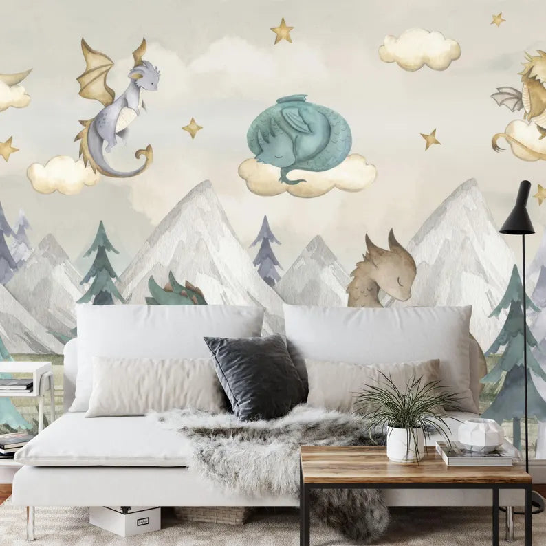 Watercolor Dragons Wallpaper Mural, Kids Nursery Decor