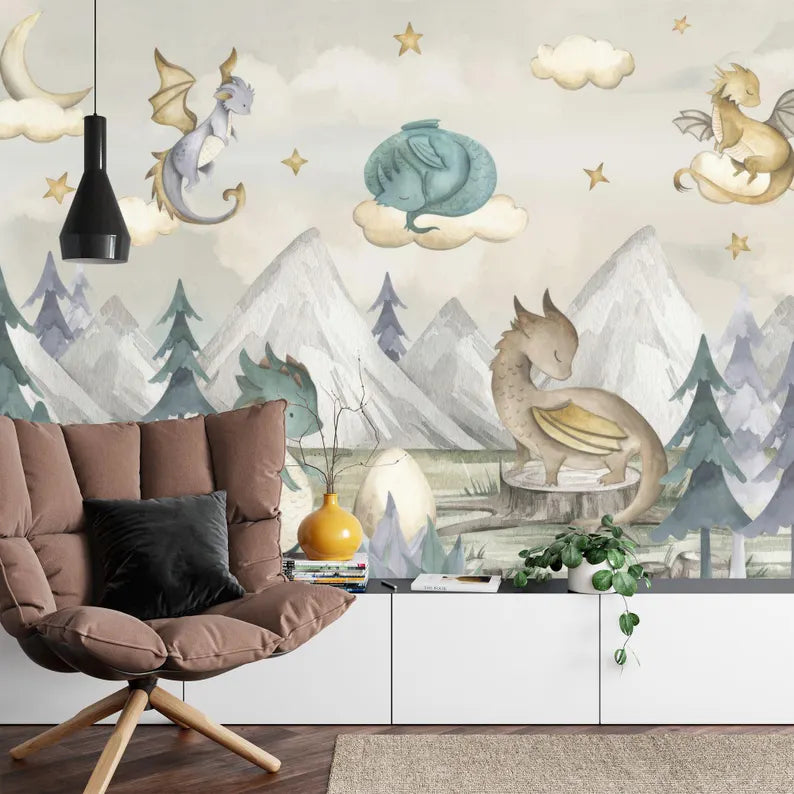 Watercolor Dragons Wallpaper Mural, Kids Nursery Decor