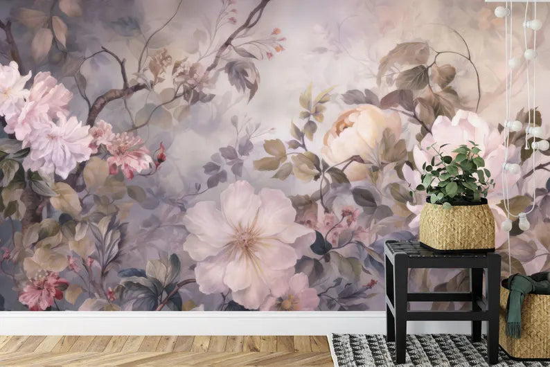 Baroque Peony Flowers Wallpaper Mural, Rich Deep Colors