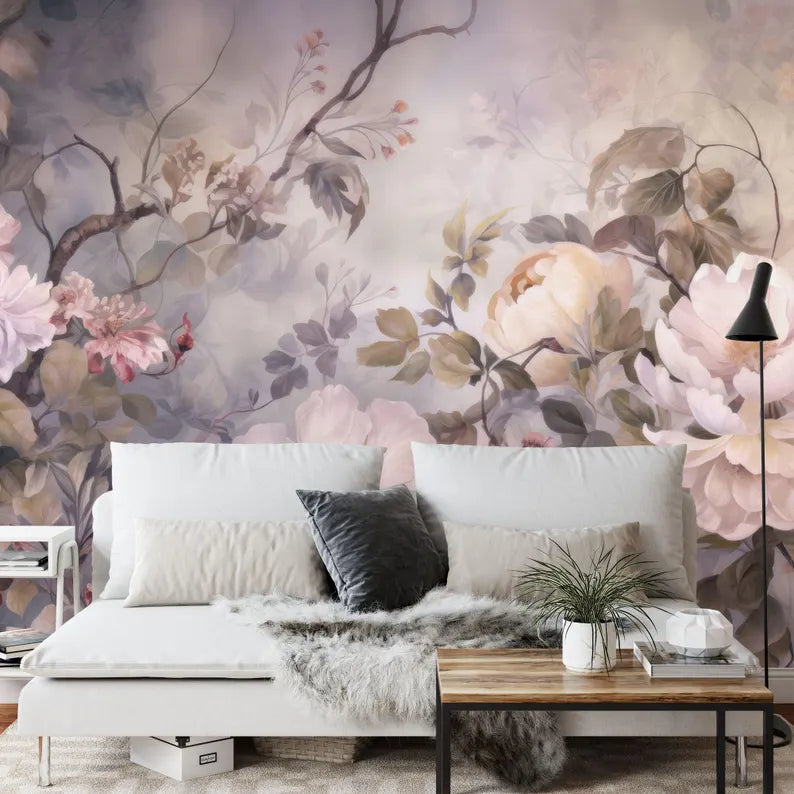 Baroque Peony Flowers Wallpaper Mural, Rich Deep Colors