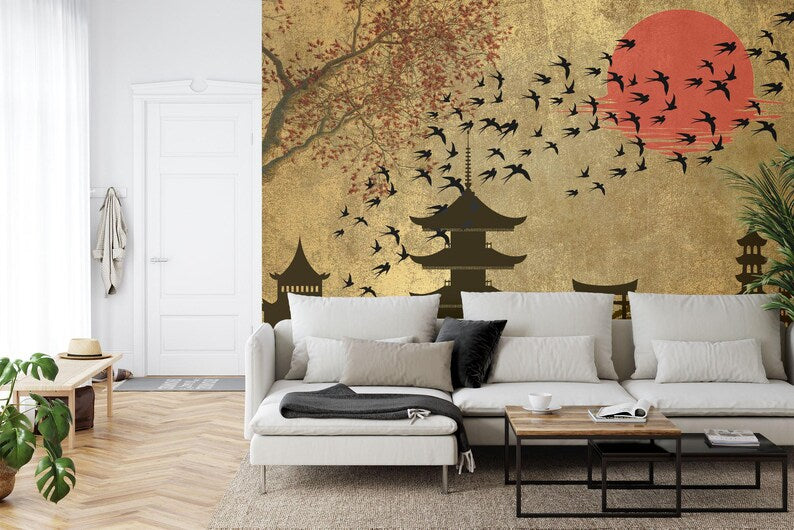 Japanese Moon Forest Mural, Birds Art Print