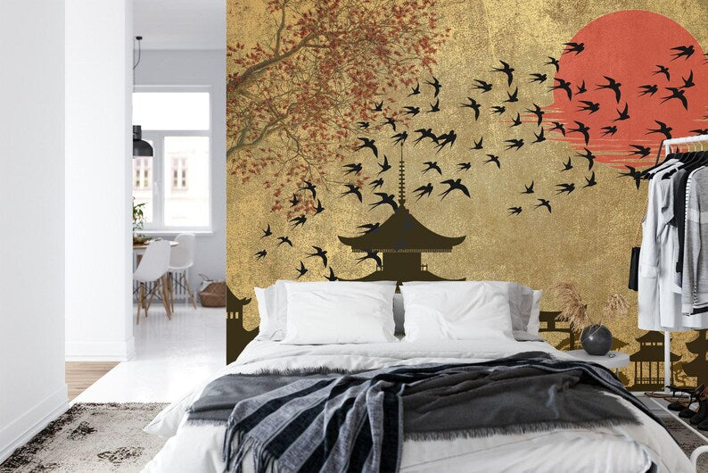 Japanese Moon Forest Mural, Birds Art Print