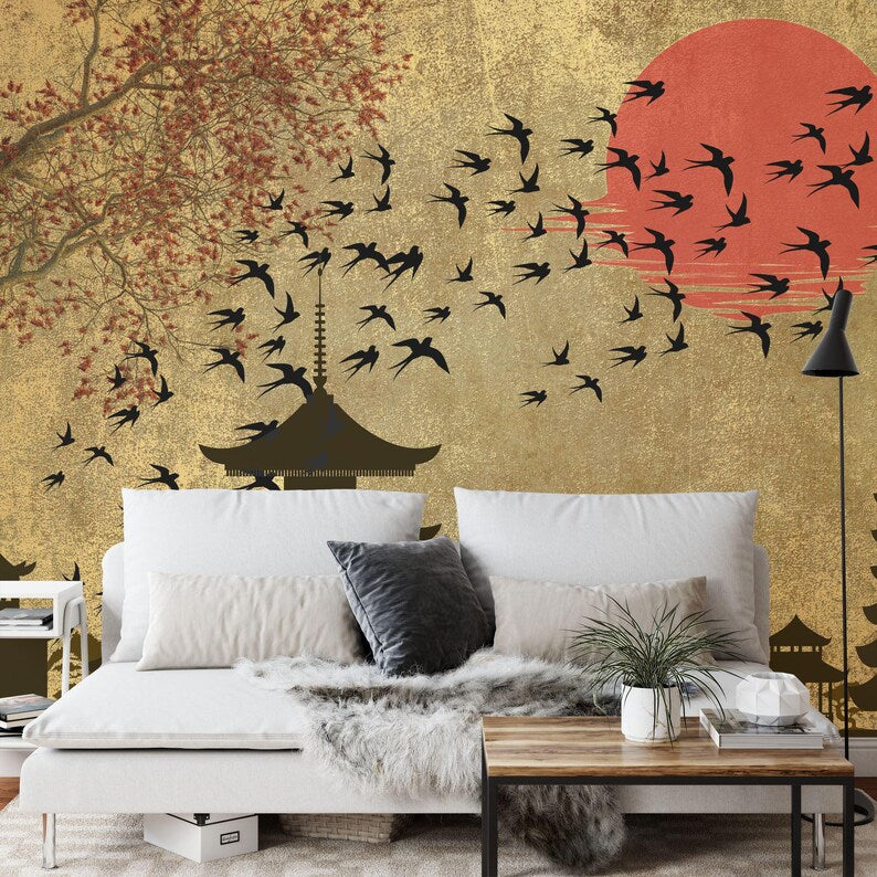 Japanese Moon Forest Mural, Birds Art Print