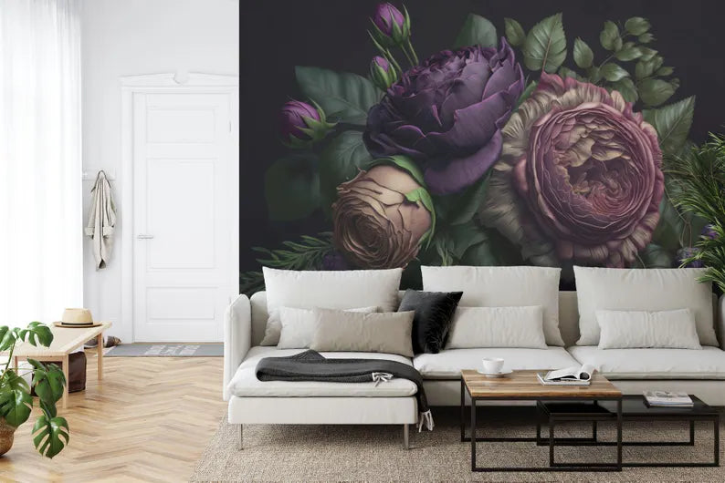 Baroque Peony Wallpaper Mural, Rich Deep Colors