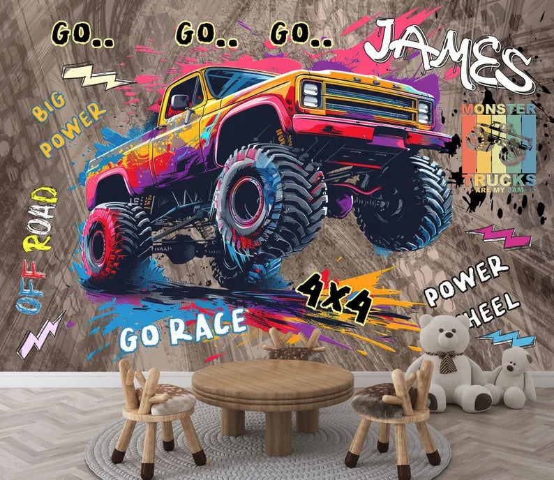 Wallpaper, Personalised Monster Truck Wall Mural, Gaming Room Decor