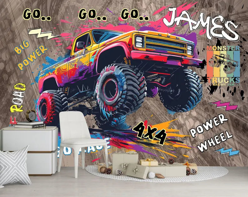 Wallpaper, Personalised Monster Truck Wall Mural, Gaming Room Decor