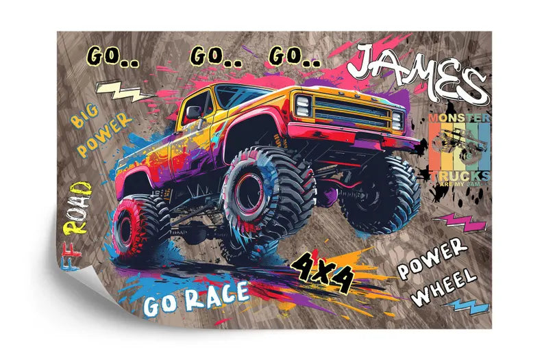 Wallpaper, Personalised Monster Truck Wall Mural, Gaming Room Decor