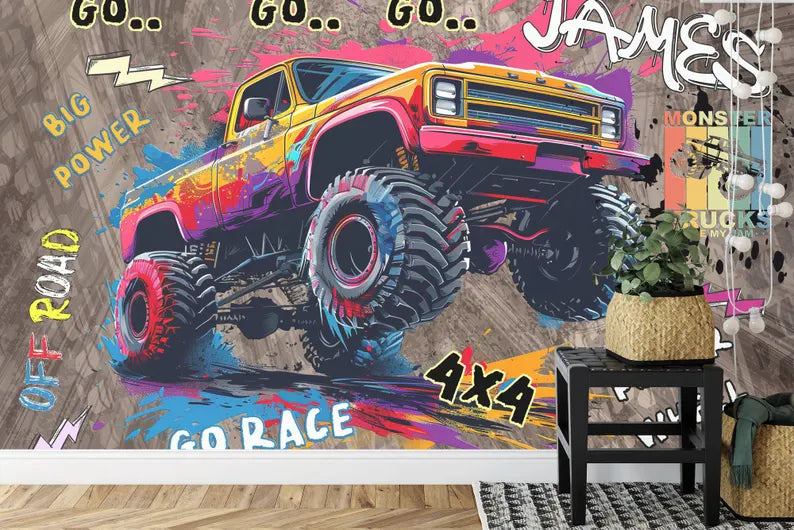 Wallpaper, Personalised Monster Truck Wall Mural, Gaming Room Decor