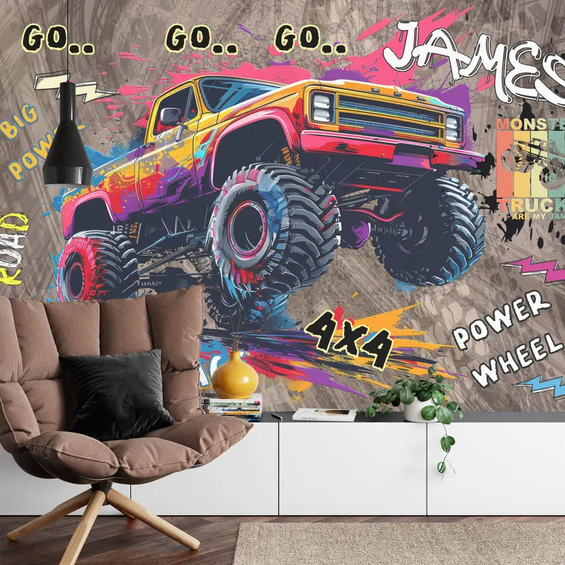Wallpaper, Personalised Monster Truck Wall Mural, Gaming Room Decor