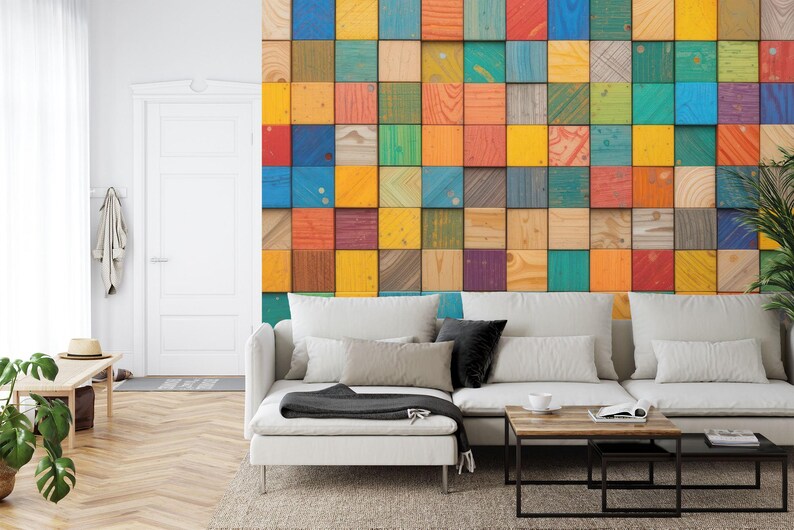 3D Wooden Blocks Wallpaper Mural, Colorful Abstract Wall Decal