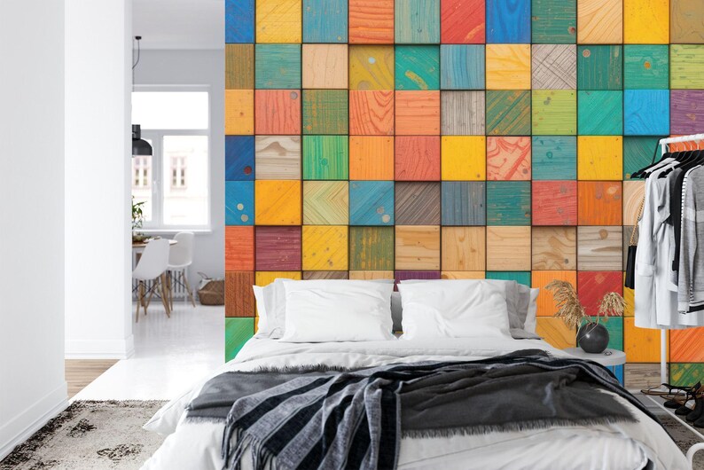 3D Wooden Blocks Wallpaper Mural, Colorful Abstract Wall Decal