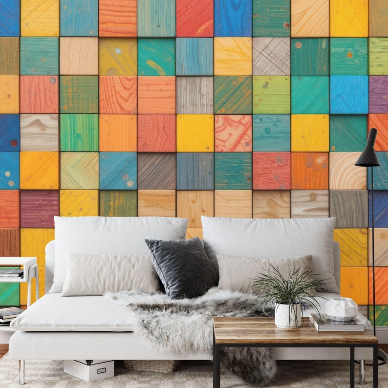 3D Wooden Blocks Wallpaper Mural, Colorful Abstract Wall Decal