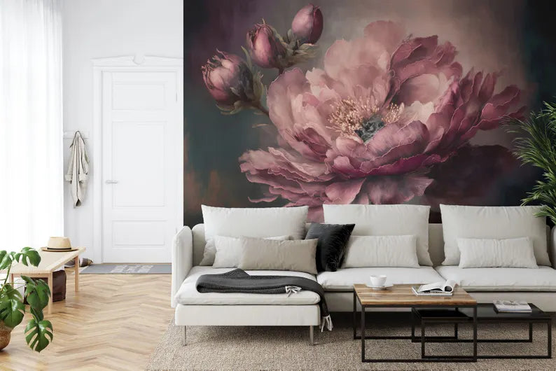 Baroque Peony Flower Wall Mural, Rich Deep Colors Art Print