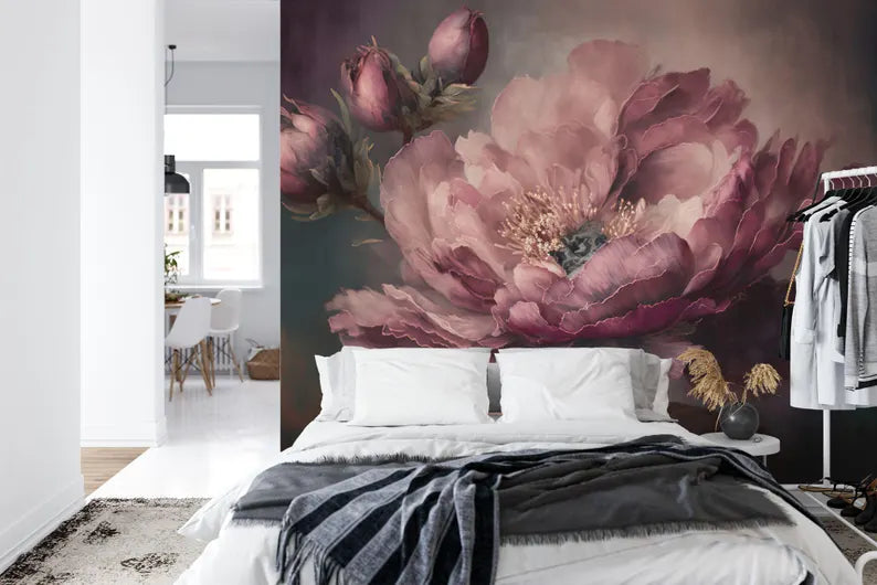 Baroque Peony Flower Wall Mural, Rich Deep Colors Art Print
