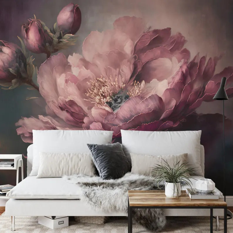 Baroque Peony Flower Wall Mural, Rich Deep Colors Art Print